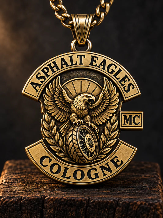 Asphalt Eagles solid brass heritage crest motorcycle club pendant.