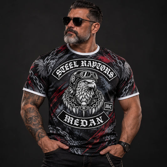 Custom short-sleeve quick-dry motorcycle club performance T-shirt.