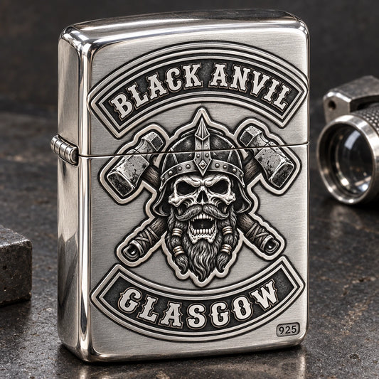 Black Anvil Glasgow motorcycle club lighter in 925 sterling silver with polished highlights, brushed surfaces and darkened recessed details.