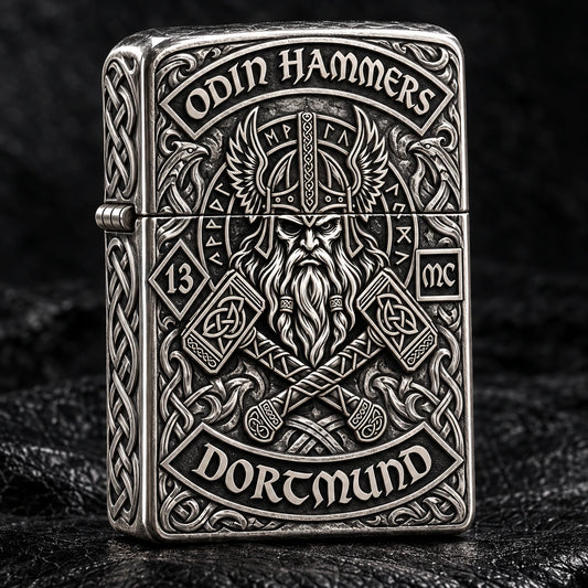 Odin Hammers motorcycle club lighter sculpted entirely from 925 silver as a Viking helmet and crossed-hammer shrine.