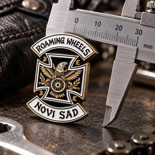 Compact 25 mm Roaming Wheels Novi Sad custom 3D club pin measured with a caliper