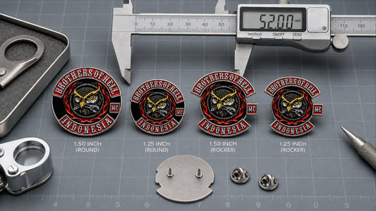 Choose the right badge size and shape for the vest featuring a custom metal motorcycle club badge made with an approved club logo.