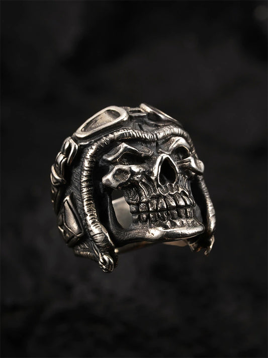 Skull Aviator 925 Sterling Silver Biker Ring - view 2