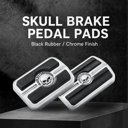 Chrome skull brake pedal pads for select 2018 and newer Harley Softail models