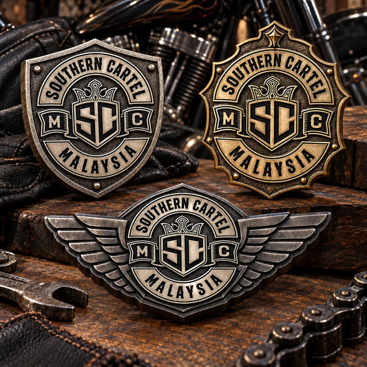 Solid custom-shape motorcycle club challenge coins with complete metal bodies.