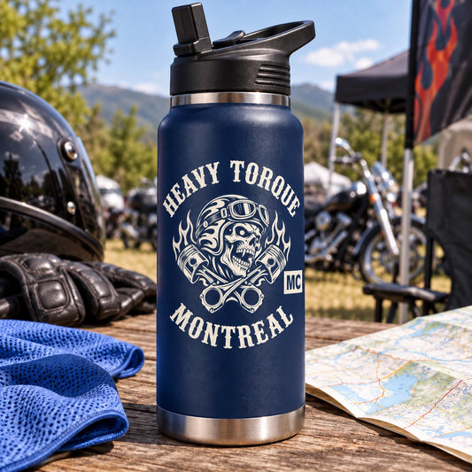 navy bottle with physically plausible quick-access sport lid prepared as motorcycle club riding gear.