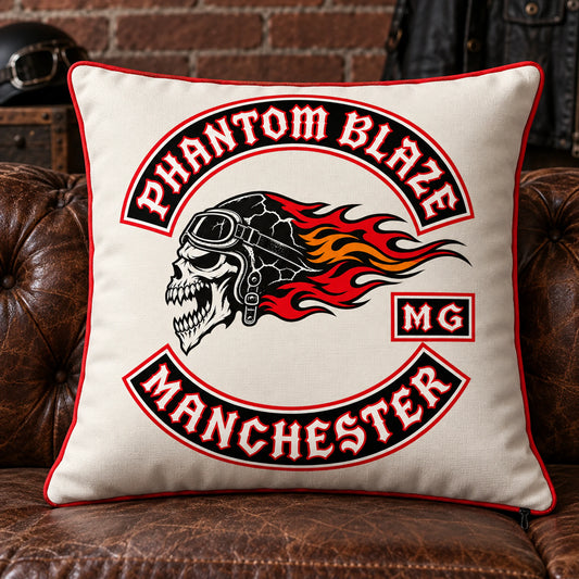 Square motorcycle club pillow displaying a large approved center emblem.