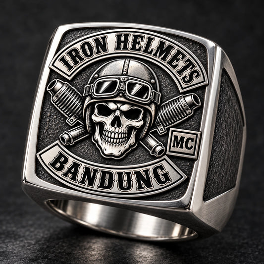 Rectangular stainless steel motorcycle club ring with a broad emblem face.