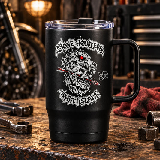 Complete black powder-coated stainless travel mug with lid and handle, engraved club emblem, rugged workshop bench.