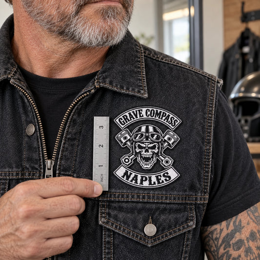 3-inch shield chest patch positioned clear of zipper and pocket for a motorcycle club, shown at denim cut fitting station.