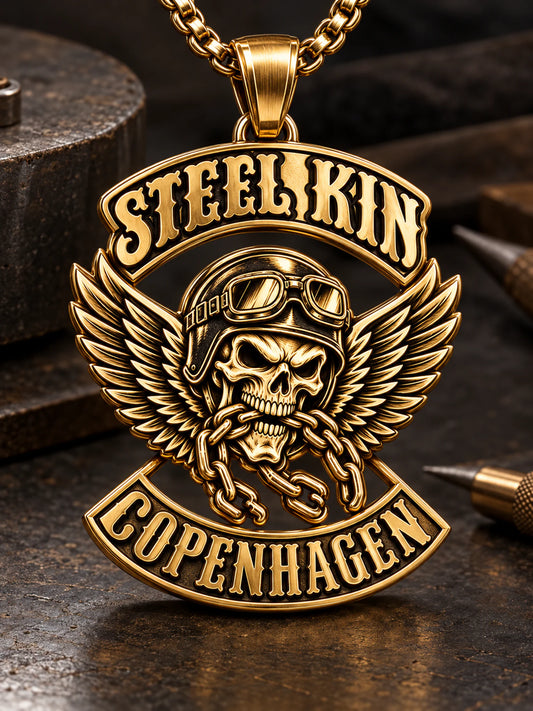 Personalized Steel Kin gold-plated club pendant concept with chapter details.
