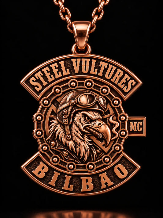 Steel Vultures motorcycle club pendant in natural polished pure copper with a short chain.