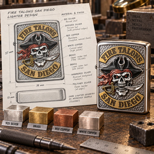 Free design stage for a Fire Talons San Diego motorcycle club lighter with drawing, material samples and first metal concept.