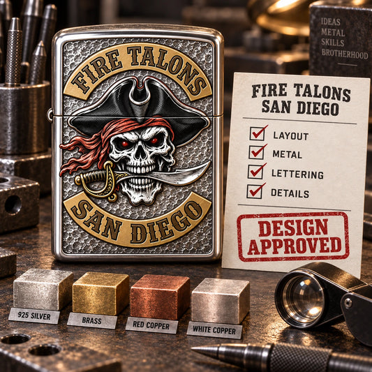 Final Fire Talons San Diego motorcycle club lighter design shown with approved layout and natural metal finishes.