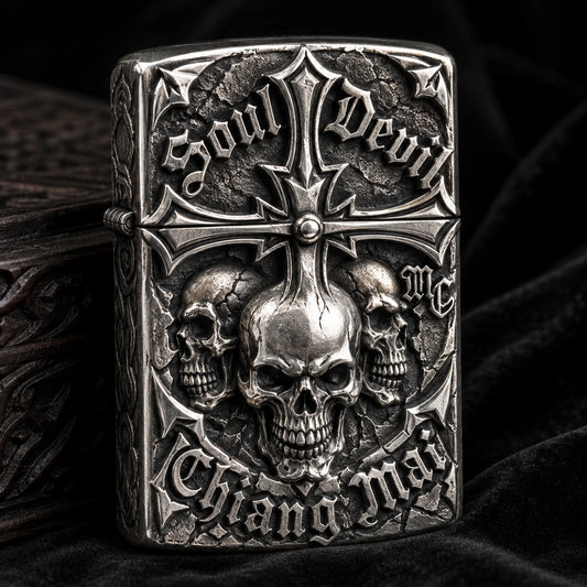925 sterling silver motorcycle club lighter with a deep sculpted authorized emblem