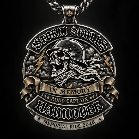 One Storm Skulls motorcycle club memorial pendant honoring a road captain and memorial ride.