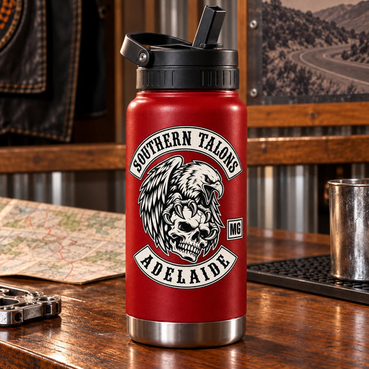 deep red bottle with practical folding straw lid prepared as motorcycle club riding gear.