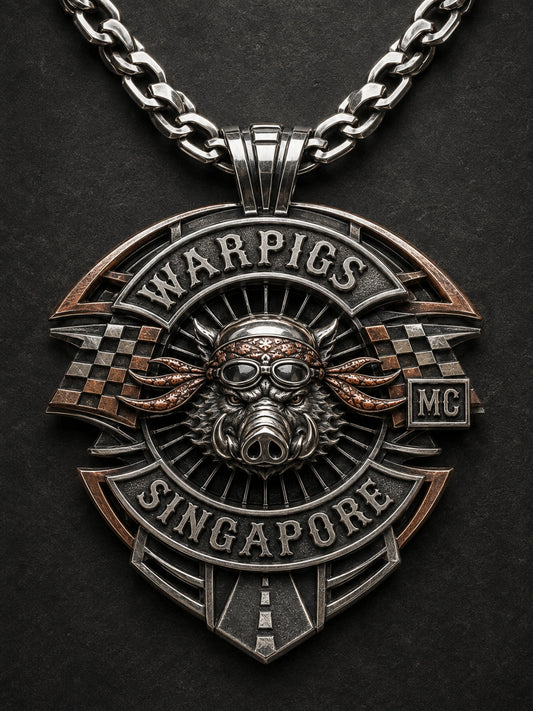 Patch-Inspired Pendants shown as a custom motorcycle club pendant concept based on the authorized Warpigs MC Singapore artwork.