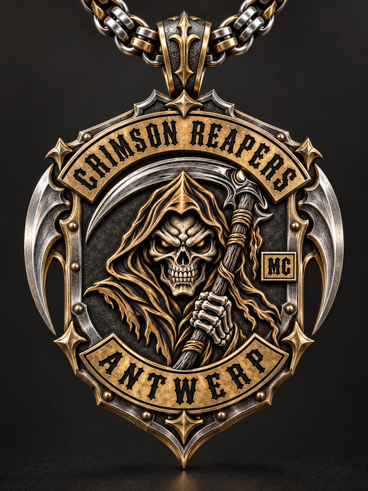 Badge & Shield Pendants represented by a unique custom motorcycle-club pendant with complete chain and sculptural mixed-metal architecture.