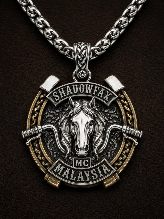 Badge & Shield Pendants shown as a custom motorcycle club pendant concept based on the authorized Shadowfax MC Malaysia artwork.