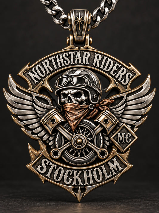 Custom-Shaped Pendants represented by a unique custom motorcycle-club pendant with complete chain and sculptural mixed-metal architecture.