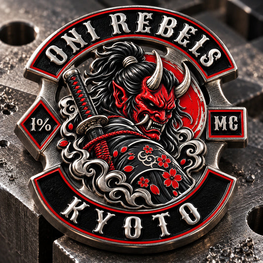 3D relief member badge featuring a custom metal motorcycle club badge made with an approved club logo.