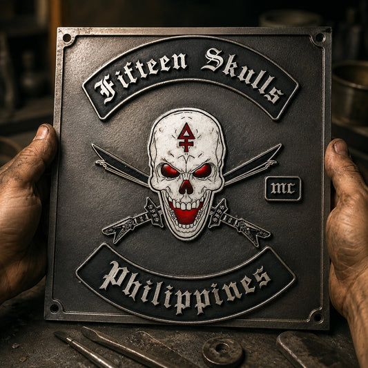 Cast metal motorcycle club plaque with raised logo and dimensional lettering.