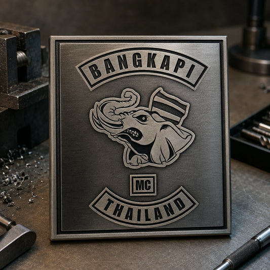 Engraved metal motorcycle club plaque with names, dates and approved logo.