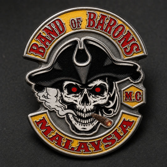 Soft enamel member badge featuring a custom metal motorcycle club badge made with an approved club logo.