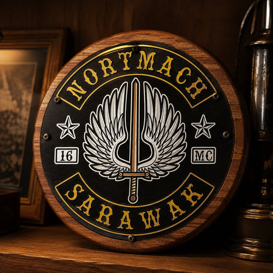 Wood and metal motorcycle club plaque displayed on a clubhouse shelf.