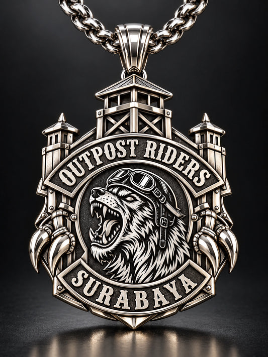High Polish represented by a unique custom motorcycle-club pendant with complete chain and sculptural mixed-metal architecture.