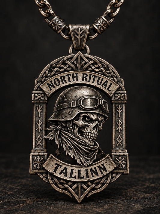 Antique / Aged Character represented by a unique custom motorcycle-club pendant with complete chain and sculptural mixed-metal architecture.