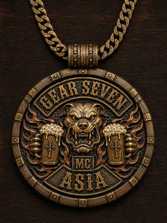 Antique / Aged Character shown as a custom motorcycle club pendant concept based on the authorized gear seven mc artwork.