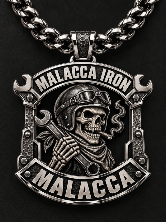 Mixed Finish represented by a unique custom motorcycle-club pendant with complete chain and sculptural mixed-metal architecture.