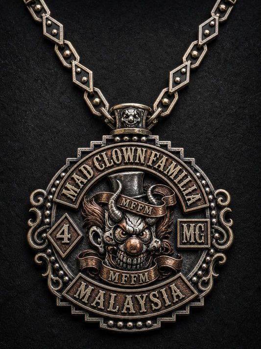 Mixed Finish shown as a custom motorcycle club pendant concept based on the authorized MAD CLOWN FAMILIA Malaysia artwork.