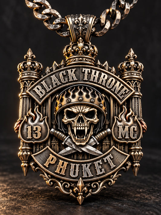 The Metal Remains the Hero represented by a unique custom motorcycle-club pendant with complete chain and sculptural mixed-metal architecture.