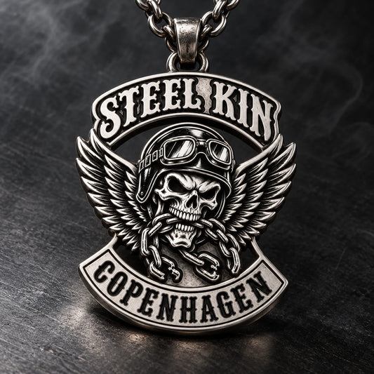 Steel Kin motorcycle club zinc alloy plaque pendant with winged skull and broken-chain relief.