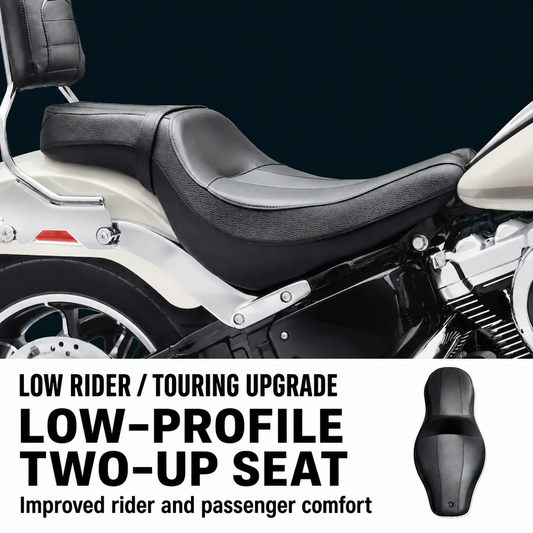 Low-profile two-up seat for Harley-Davidson Softail and Low Rider models
