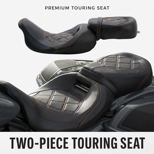Two-piece touring motorcycle seat with orange stitching