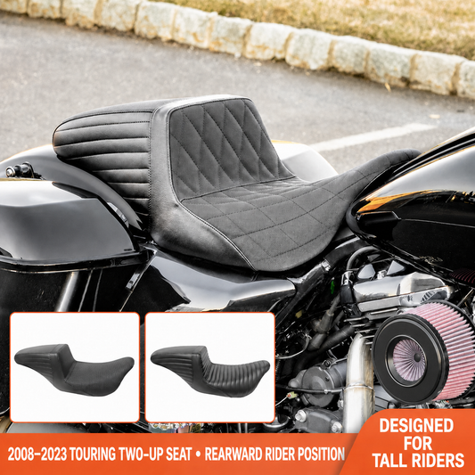 Rearward-position two-up touring seat for tall riders