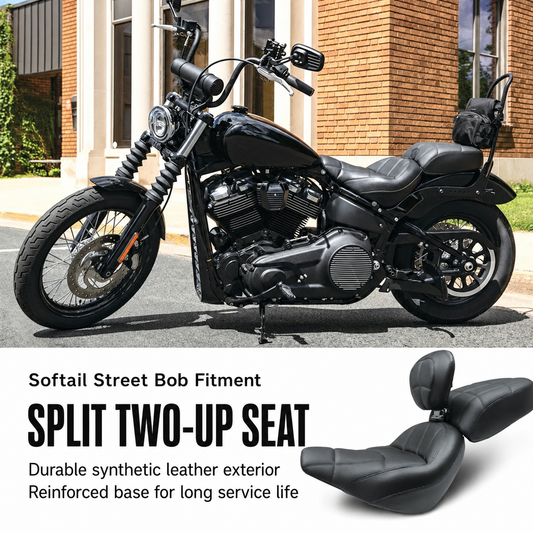 Split two-up seat installed on a Street Bob motorcycle
