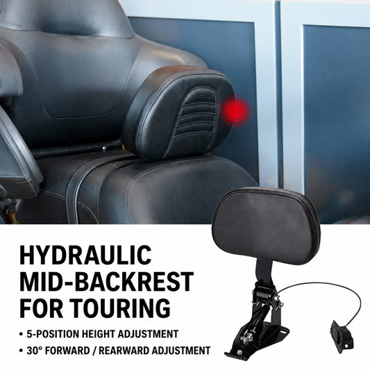 Hydraulic adjustable mid-backrest for touring motorcycles