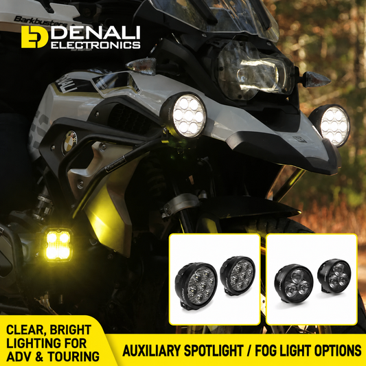 Denali auxiliary lights for adventure and touring motorcycles