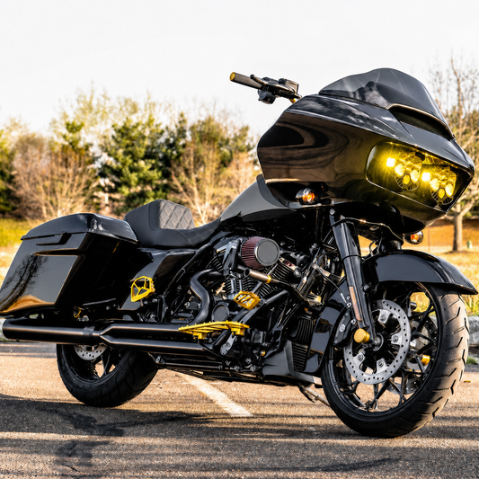 Black and gold custom touring motorcycle front view