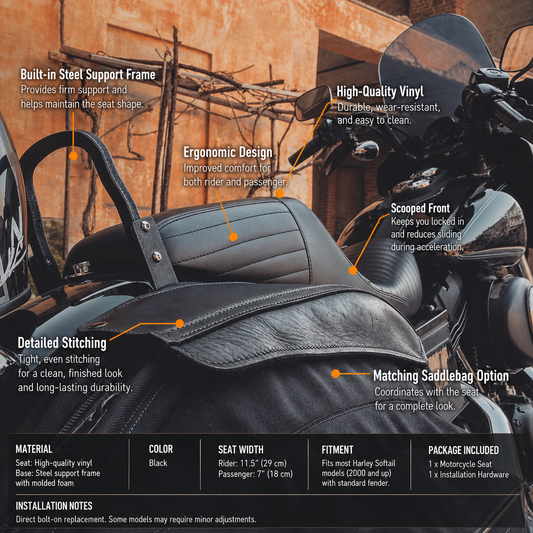 Two-up seat features and specifications
