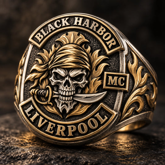 3D Emblem Rings designed from an authorized motorcycle club emblem in 925 Sterling Silver + Brass natural metal tones.