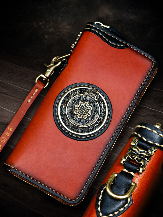 brown Tibetan Nine-Palace full-grain leather biker wallet with wrist strap