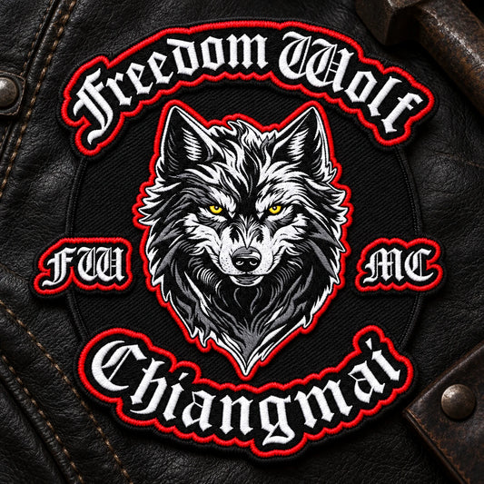 Traditional embroidered motorcycle club President patch with raised thread.