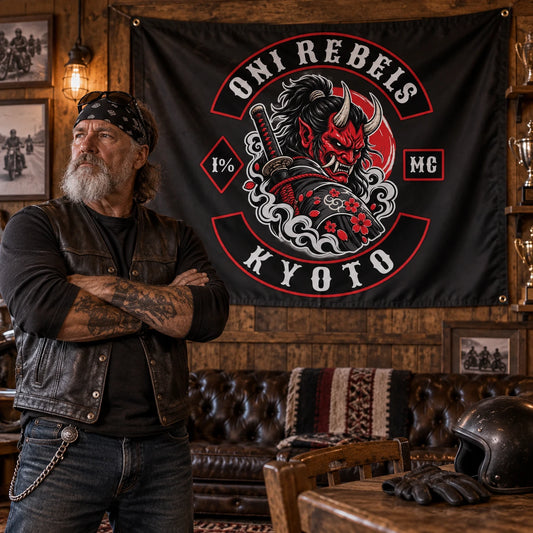 Motorcycle club members use a custom rectangular flag for traditional club logo flags in a realistic American V-twin setting.