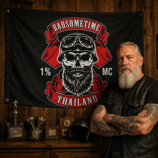 Motorcycle club members use a custom rectangular flag for traditional club logo flags in a realistic American V-twin setting.